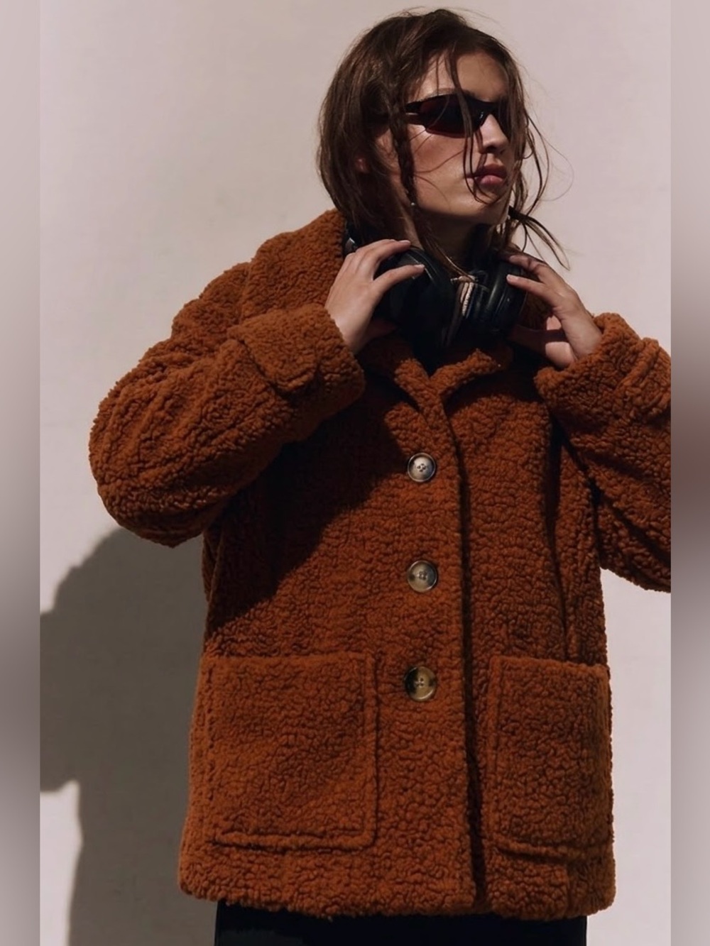 Free people Burnt Orange Shearling Sherpa Teddy Peacoat Jacket Size Medium Cozy - Picture 8 of 15